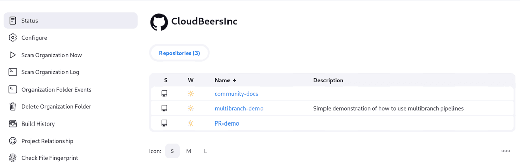 Jenkins dashboard view for the 'CloudBeersInc' organization. The status section shows the repository count as 'Repositories (3)' with a table listing three repositories: 'community-docs', 'multibranch-demo', and 'PR-demo'. Each repository entry includes columns labeled 'S' for status of last build, 'W' for weather status of recent aggregated builds, 'Name', and 'Description'. The 'multibranch-demo' repository contains a description stating, 'Simple demonstration of how to use multibranch pipelines'. Icon size options (S, M, L) are available below the table.