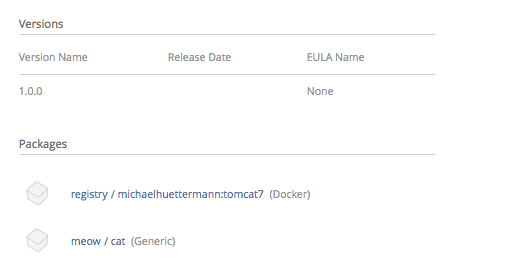 Distribution management platform JFrog Bintray holds our binaries: a WAR file and a Docker image, in version 1.0.0. 07
