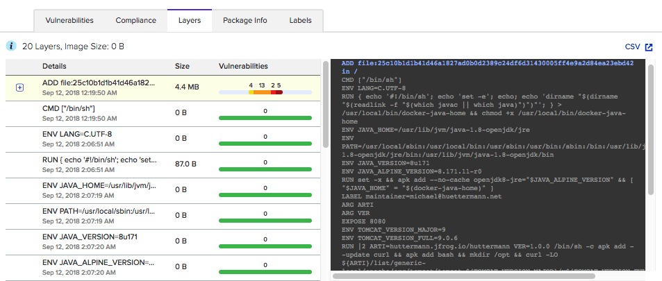 Twistlock also displays the vulnerabilities according to Docker layers. Findings based on the base image are listed at the top. 03